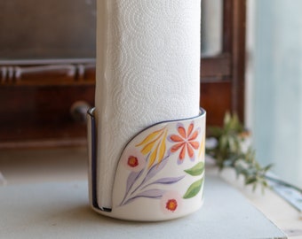 Flower Decorated Paper Towel Holder, Ceramic Towel Rack, Decorative Kitchen Storage