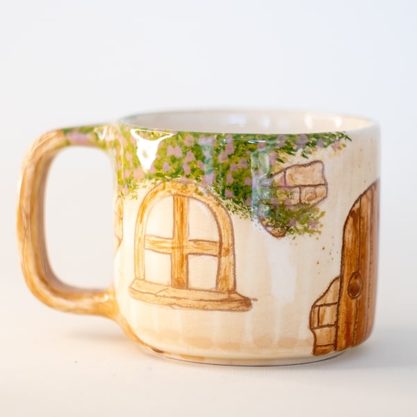 House Coffee Mug | Vintage House Decorated Coffee Cup | Large Handmade Coffee Pottery