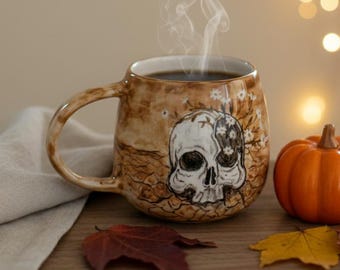 Skull Mug – Handmade Ceramic Coffee Mug, Gothic Pottery Cup, Halloween Mug, Spooky Floral Skull Design, Unique Horror Gift