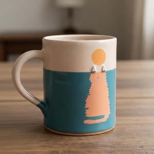 May include: Ceramic mug with a whimsical cat design. The mug features a two-tone color scheme with a beige upper half and a teal lower half. An orange cat illustration is centered on the teal section, with a yellow sun above its head.