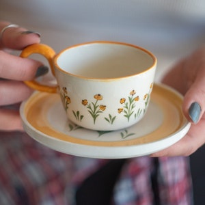 4 Set White Espresso Coffee Cup Double Shot 2 Oz Yellow Orange Daisy/Sun  Flower