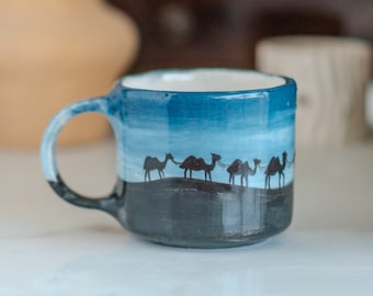 Night in the Desert - Camel Caravan, Handmade Ceramic Mug, Pottery Mug, Arabic Night