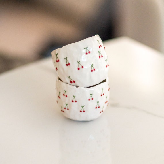 Cherry Mug Set, Handmade Summer Fruit Decorated Drinkware Set of 2