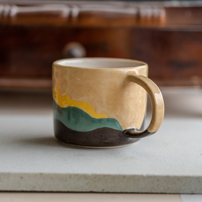 Cat Mountains Coffee Mug Handmade and Hand-painted, Pottery Mug Ceramic Cup zdjęcie 3