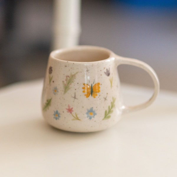 Butterfly and Bird Coffee Mug, Vibrant Pottery Handmade Coffee Cup
