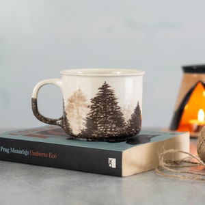 Camper Mug | Forest Coffee Mug | Rustic Forest Tree Ceramic Coffee Mug - Handmade and Artfully Decorated