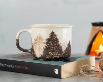 Camper Mug | Forest Coffee Mug | Rustic Forest Tree Ceramic Coffee Mug - Handmade and Artfully Decorated