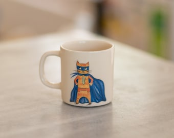Cat Mom Mug, Handmade Ceramic Superhero Cats Coffee Mug - Cute and Funny Cat Lover Gift, Ceramic Mugs
