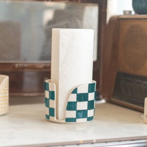 Suporte de toalha de papel cerâmico feito à mão-padrão verificador, decoração de cozinha, dispensador de toalha decorativo e funcional, acessório de mesa elegante