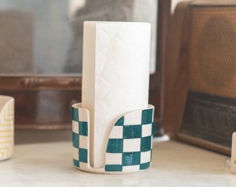 Handmade Ceramic Paper Towel Holder - Checker Pattern, Kitchen Decor, Decorative and Functional Towel Dispenser, Stylish Tabletop Accessory