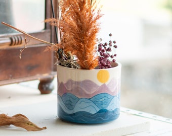 Unique Planter Ceramic Flower Pot, Sea and Sun Theme Tropical Decor, Unique Holiday Gift