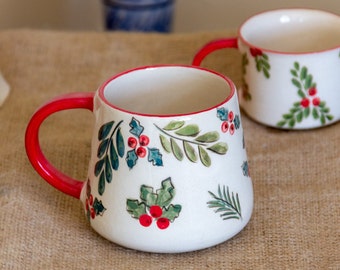 Christmas Mug Christmas Decor, Handmade Ceramic Coffee Mug Set, Christmas Gift Espresso Cup Set