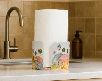 Ceramic Paper Towel Holder – Handmade Pottery Kitchen Decor, Whimsical Hand-Painted Countertop Organizer, New Home Gift