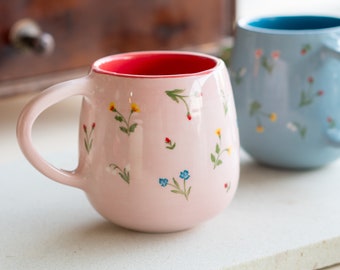 Flower Decorated Mug - Blossom Pottery Mug, Handmade Ceramic Mug, Unique Gift Mug