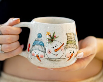 Christmas Mug – Cute Snowman, Handmade Ceramic Coffee Mug, Cozy Winter Pottery Mug