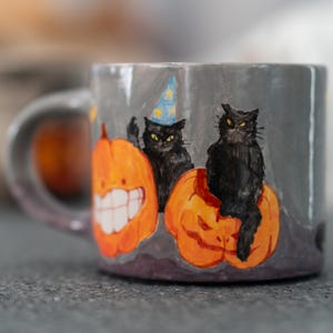 Funny Cats Halloween Mug, Pumpkin Coffee Mug, Pottery Ceramic Mug bild 2