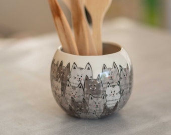 Utensil Holder for Kitchen, Ceramic Kitchen Organizer, Cat Lover Gift, Pencil Holder