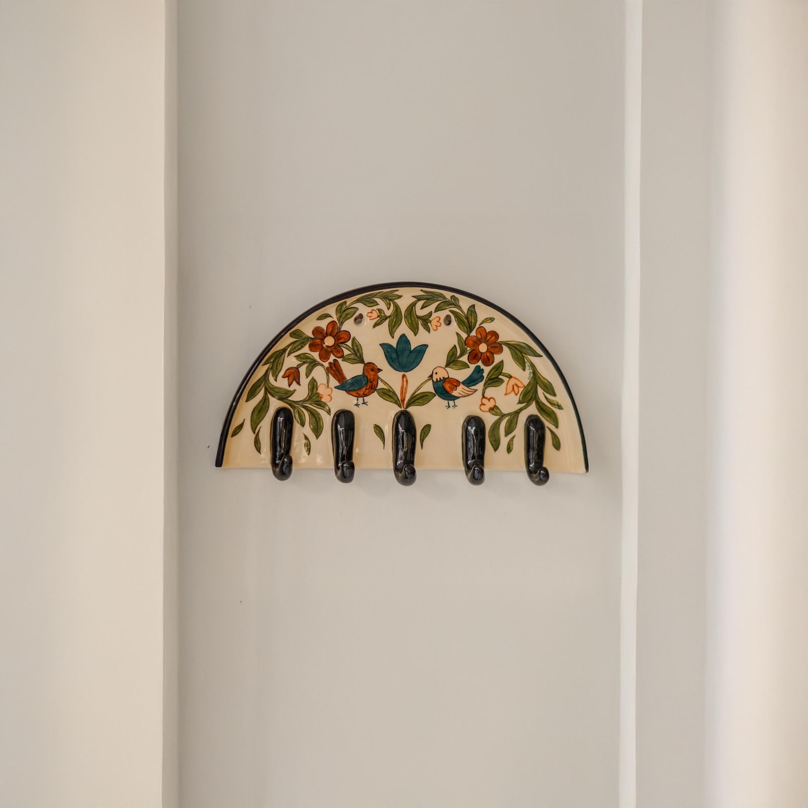 Handmade Ceramic Key Rack: Bird & Floral Vintage Home Decor