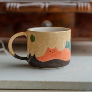Cat Mountains Coffee Mug - Handmade and Hand-painted, Pottery Mug Ceramic Cup