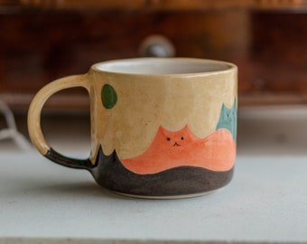 Cat Mountains Coffee Mug - Handmade and Hand-painted, Pottery Mug Ceramic Cup