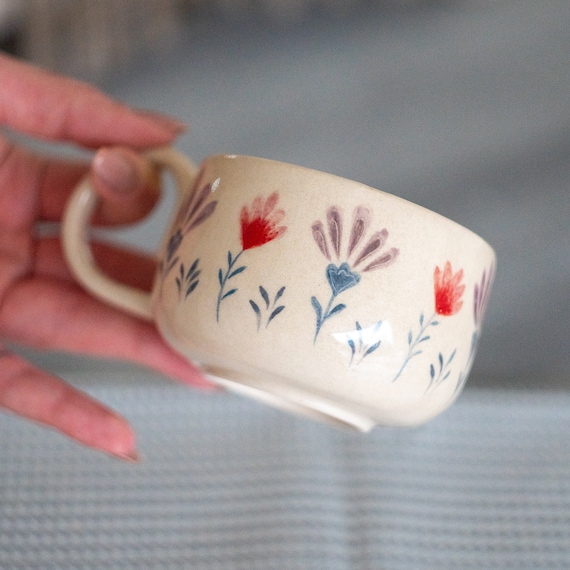 Colorful Blossom Tea Cup, Coffee Mug, Handmade Coffee Mug Flowers, Handmade Ceramic Coffee Cup Special Gift