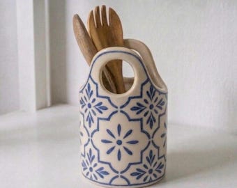 Ceramic Utensil Holder, Handmade Kitchen Spoon Holder, Hand Painted Kitchen Decor, Housewarming Gift