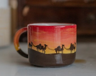 Desert Sunset Ceramic Mug - Camels, Handmade Coffee Mug, Pottery Mug