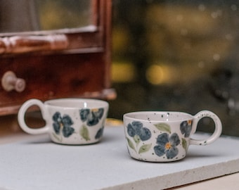 Floral Espresso Cup Set - Handmade Pottery Mug, Ceramic Cup