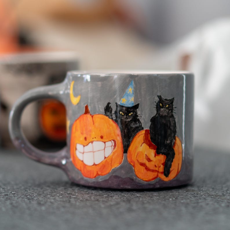 Funny Cats Halloween Mug, Pumpkin Coffee Mug, Pottery Ceramic Mug bild 1