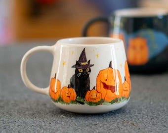 Halloween Cat Mug, Black Cat with Witch Hat and Pumpkins, Spooky Fall Decor