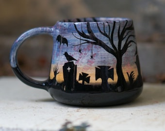 Halloween Mug – Handmade Gothic Coffee Mug, Spooky Graveyard Pottery Cup, Haunted Ghost and Bat Ceramic Mug, Creepy Gothic Decor