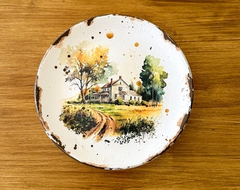 Wall Art, Village Decorated Wall Plates, Authentic Home Decor, Cottagecore Style Home Decor Gift Idea