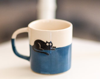 Cute Cat Decorated Coffee Mug/Black Cat On Coffee Pottery/Cute Animal Sketched Coffee Cup, Cat Lover Gift