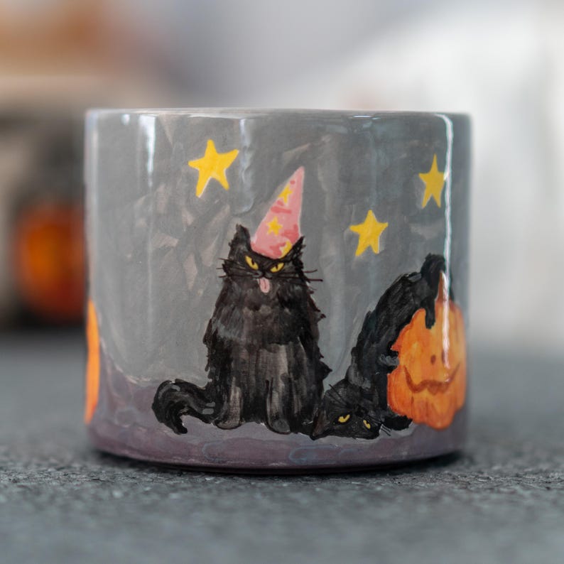 Funny Cats Halloween Mug, Pumpkin Coffee Mug, Pottery Ceramic Mug bild 3
