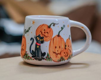 Halloween Cat Mug: Pumpkin & Witchy Design, Seasonal Gift
