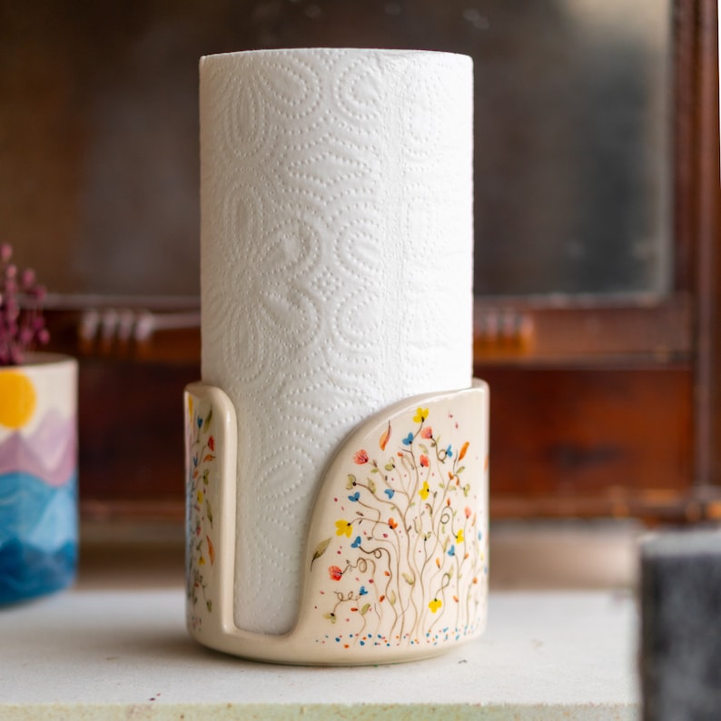 Paper Towel Holder Floral Kitchen Decor, Ceramic Towel Rack Handmade Gift Idea, Gift for Mom Pattern 4