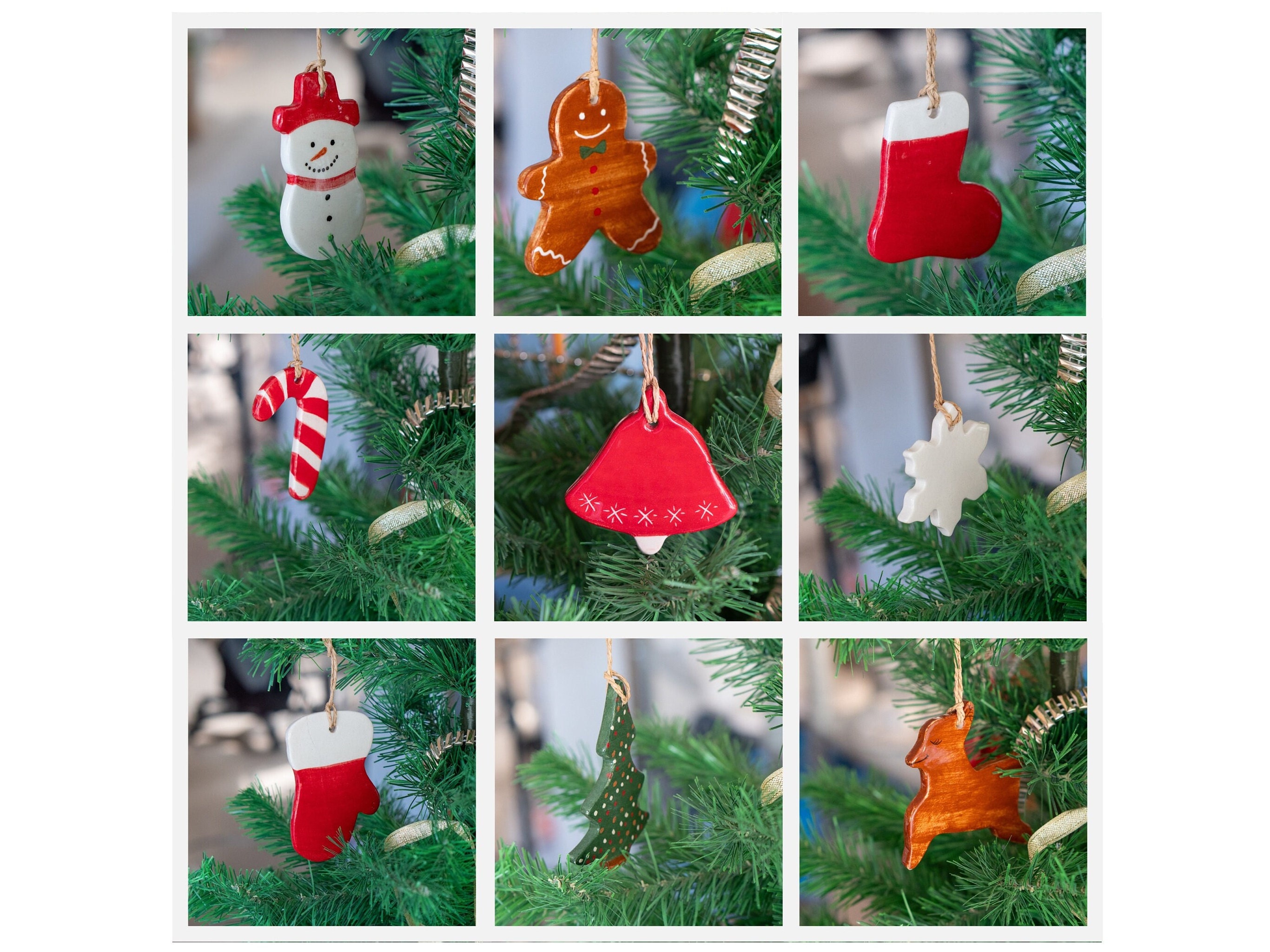 Christmas Ornaments - 9 Pieces Set - Vintage Bell, Snowman