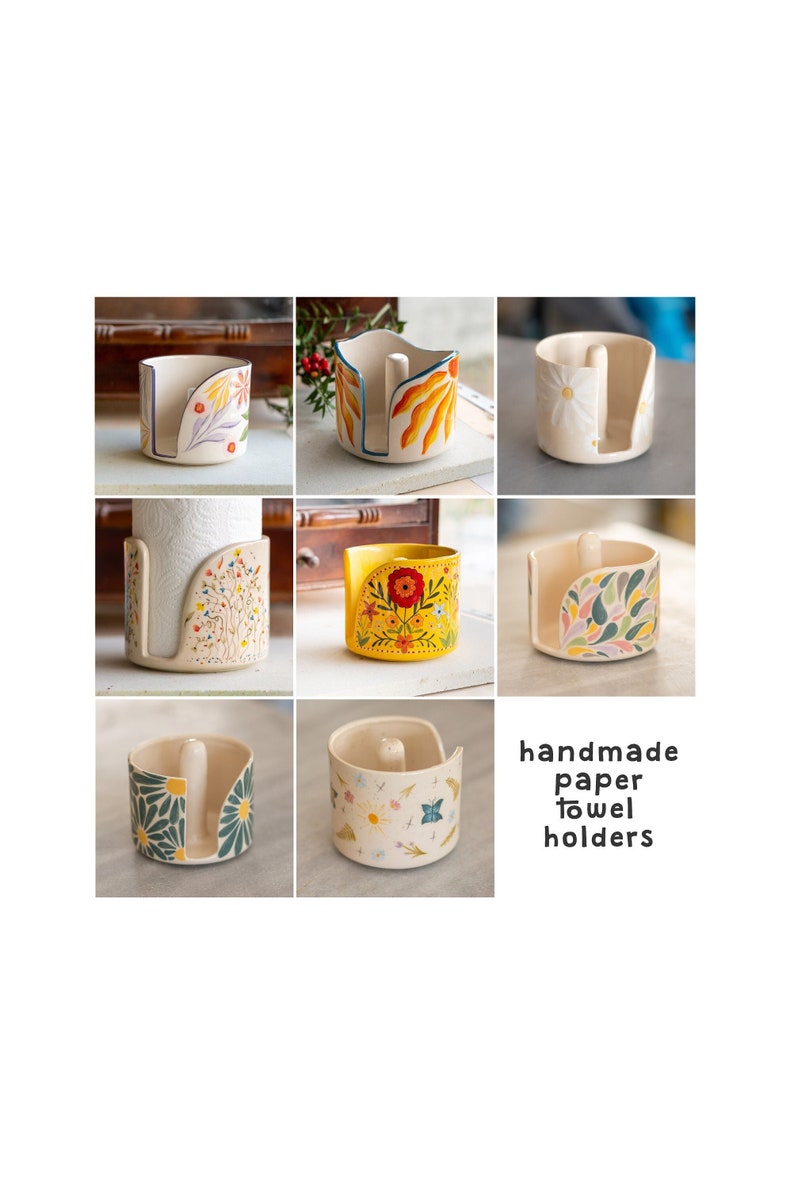 Paper Towel Holder Floral Kitchen Decor, Ceramic Towel Rack Handmade Gift Idea, Gift for Mom image 1