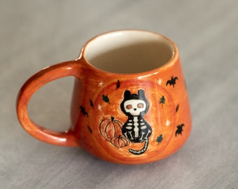 Skeleton, Halloween Mug, Handmade Black Cat Coffee Mug, Funny Mug, Ceramic Cat Mom Mug