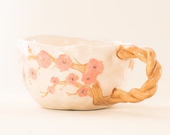 Sakura Blossom Handmade Ceramic Mug - Unique Blossom-Adorned Cup with Delicate Handle