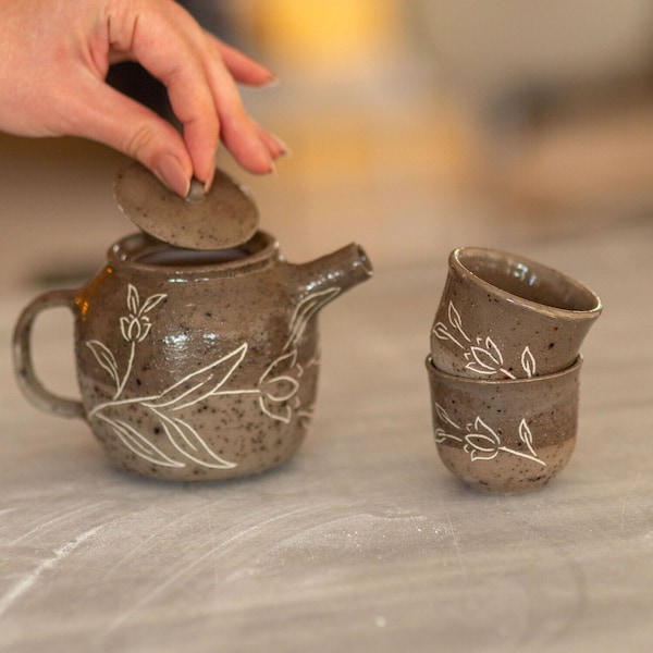 Japanese Tea Set with Tea Pot, Pottery Tea Set, Teapot and Cups, Ceramic Tea Set, Handmade Housewarming Gift