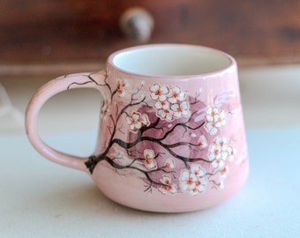 Cherry Blossom Ceramic Mug - Sakura Blossom Coffee Cup, Handmade Floral Tea Mug, Japanese Zen Gift for Her Valentines Gift
