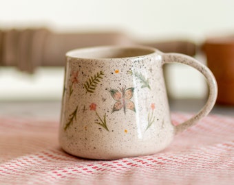 Butterfly Coffee Mug, Handmade Ceramic Spring Theme Coffee Mug, Flowers, Bees and Butterflies, Warm Gift Idea