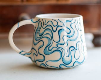 Blue Waves Coffee Mug - Abstract Ceramic Cup, Handmade Ceramic Coffee Mug