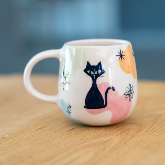 Cute Cat Mug - Atomic Cat Mug, Cat Lover Gift, Handmade Ceramic Mug, Coffee Mug Cat Cup Single Mug