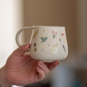 Bird Mug - Hummingbird & Wildflower, Handmade Ceramic Coffee Cup, Bird Lover Gift, Nature Pottery 13 oz Cute Mug