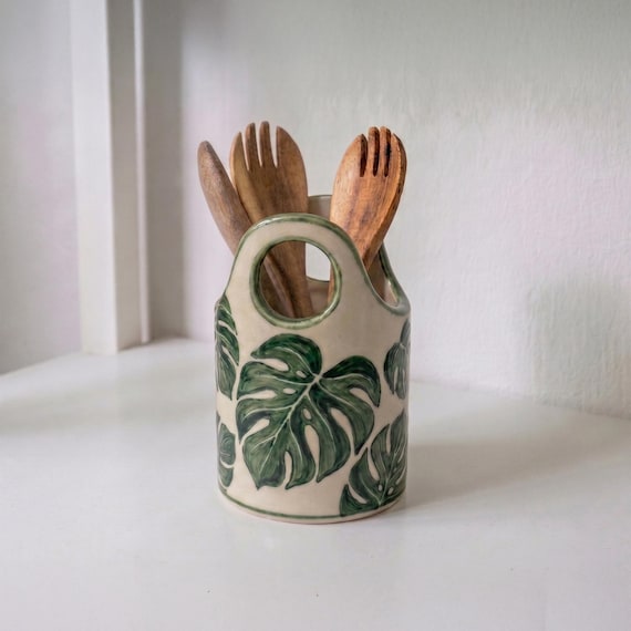 Ceramic Utensil Holder, Monstera Leaf Utensil Crock, Handmade Pottery Spoon Holder, Tropical Botanical Kitchen Decor, Countertop Organizer