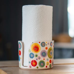 Ceramic Paper Towel Holder, Hand-Painted Paper Towel Holder - Vibrant Dots Ceramic Kitchen Roll Stand, Unique Kitchen Organizer