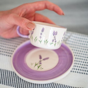 Lavender Cup Set | Lavender Blossom  Coffee Cup | Flower Designed Purple Details | Flower Coffee Cup and Saucer