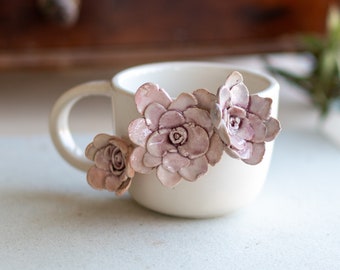 Flower Ceramic Mug - Handmade Floral Coffee Cup, Pottery Mug Valentines Day Gift